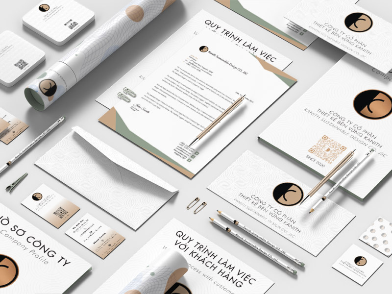 Corporate Stationery: Văn phòng phẩm (sổ tay, bút, giấy ghi chú) với nhận diện thương hiệu